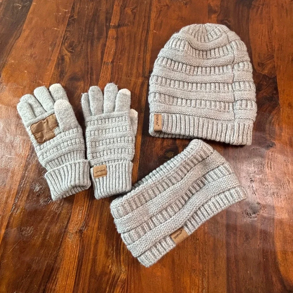 Senpuki Womens Gray Fleece Lined Beanie Headband and Touchscreen‎ Gloves Set